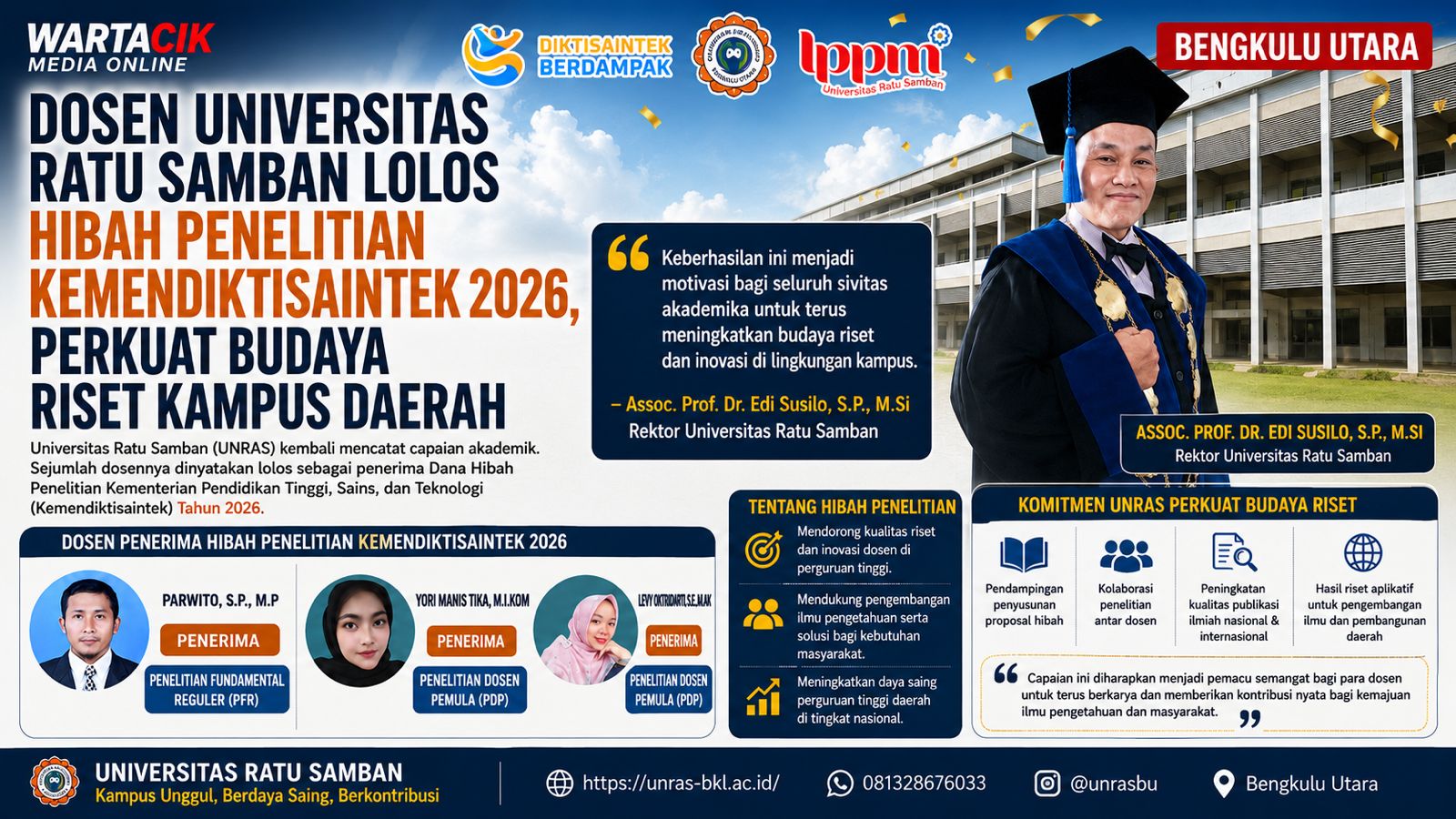 Dosen Universitas Ratu Samban Lolos Hibah Penelitian Kemendiktisaintek 2026, Perkuat Budaya Riset Kampus Daerah